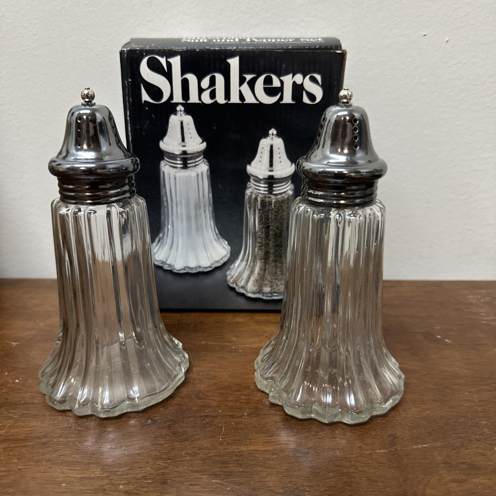 Vtg Leonard Crystal Salt and Pepper Shakers Silver plate Tops Made in Japan NEW